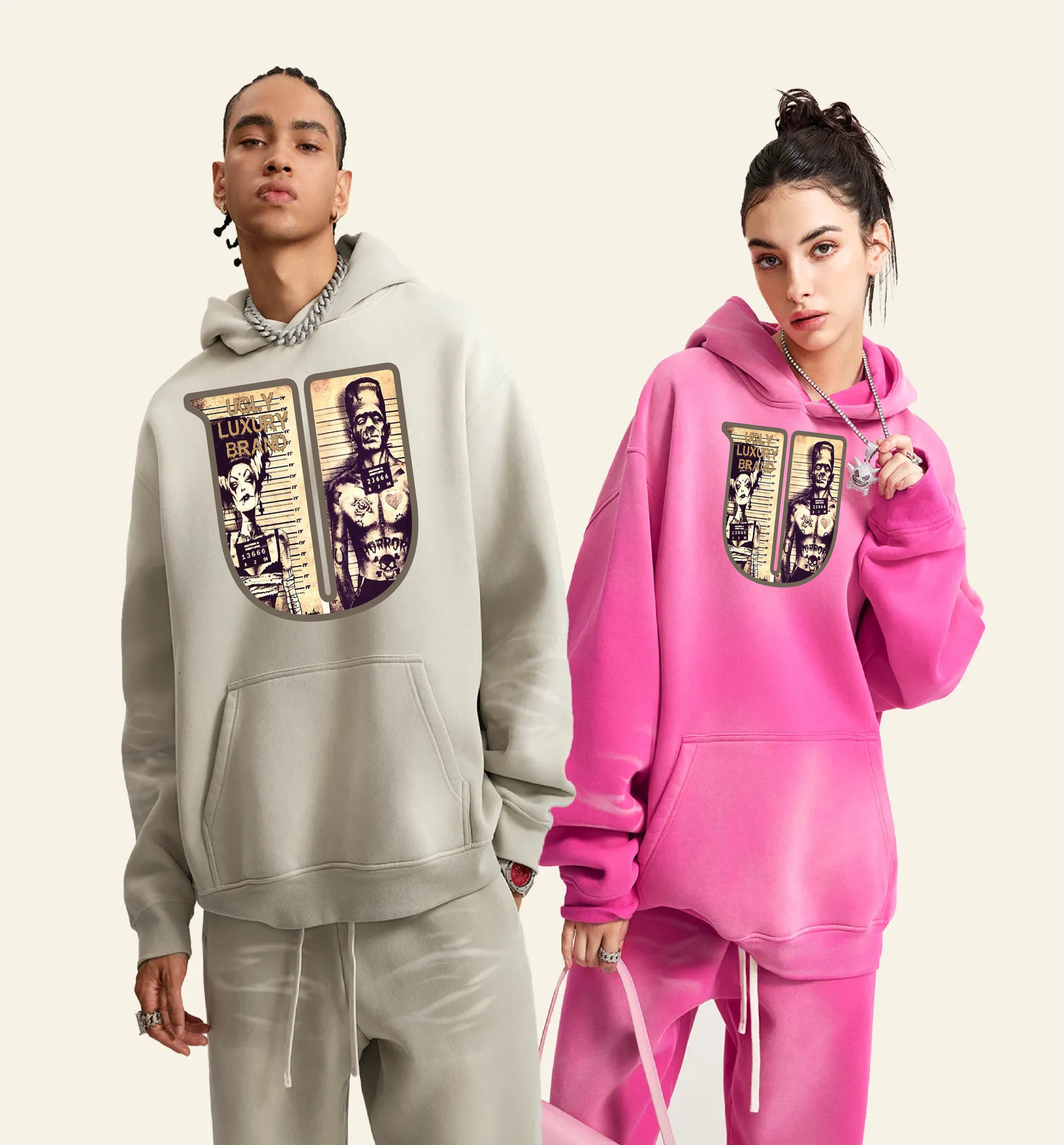 UGLY LUXUERY BRAND (Rose &Camel)Streetwear Unisex Monkey Washed Dyed Fleece Hoodie