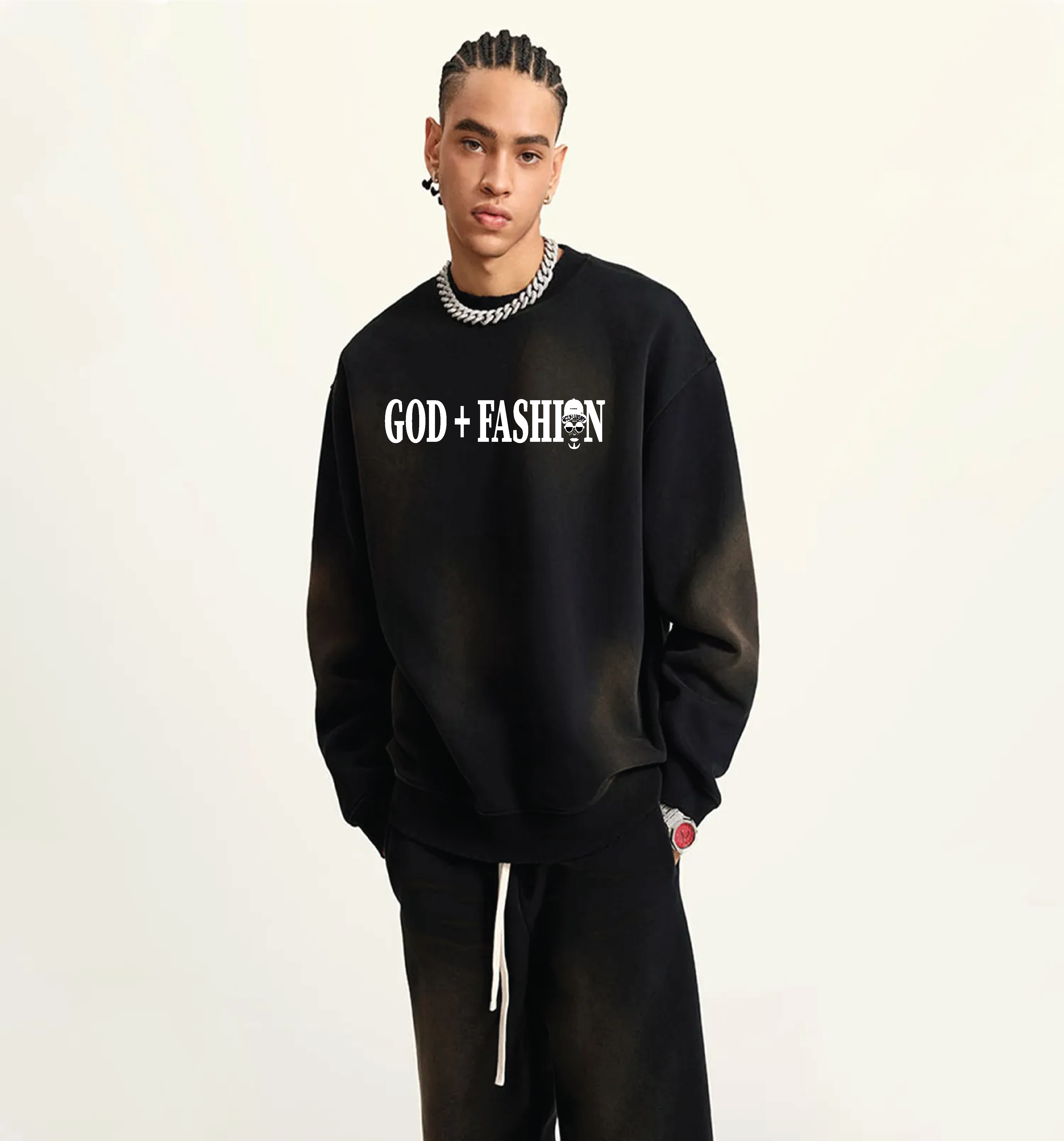 GOD + FASHION (Black)Streetwear Unisex Monkey Washed Dyed Fleece Pullover