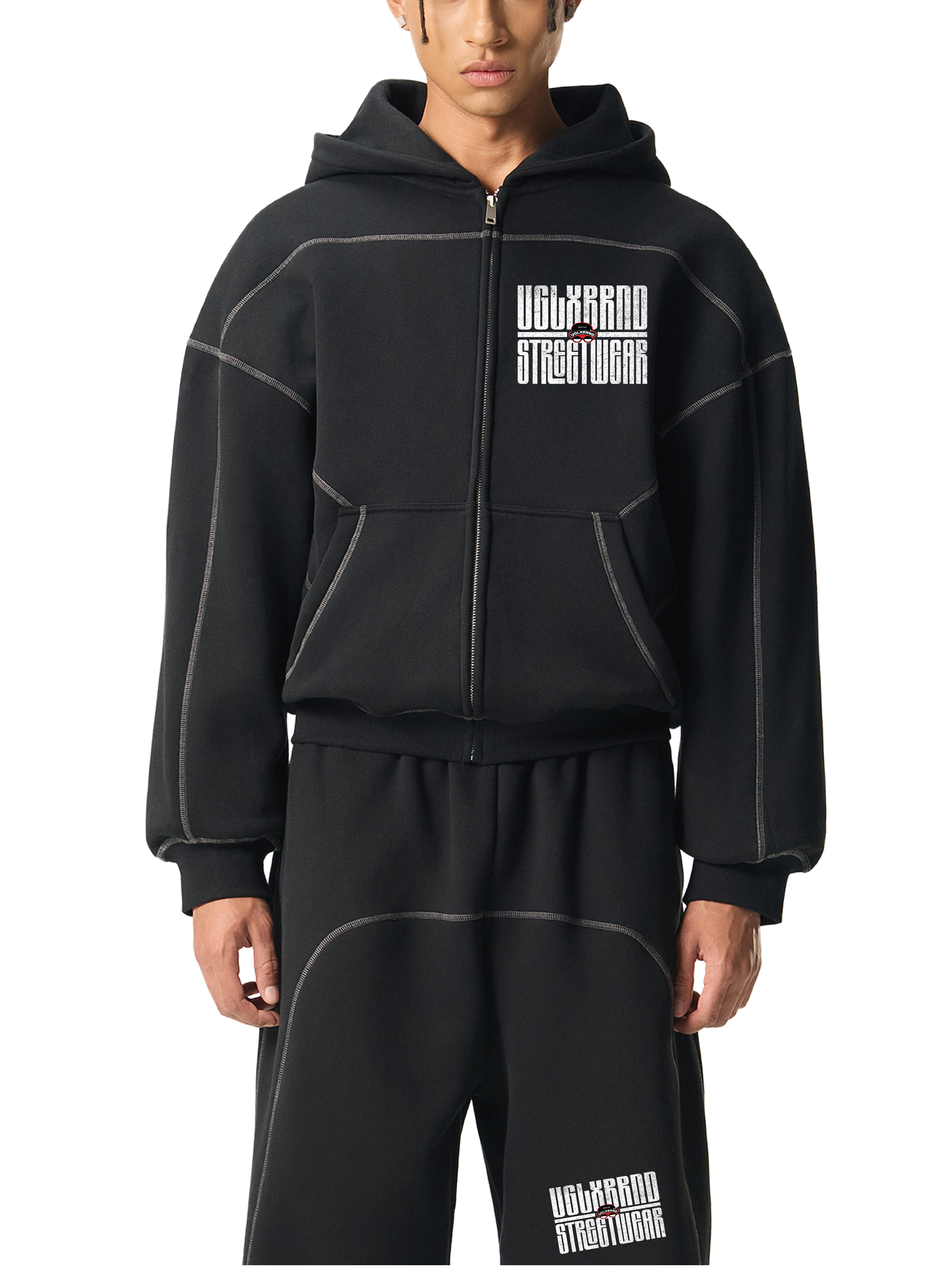 BLACK LUXURY Contrast-Stitched Boxy Fleece Hoodie