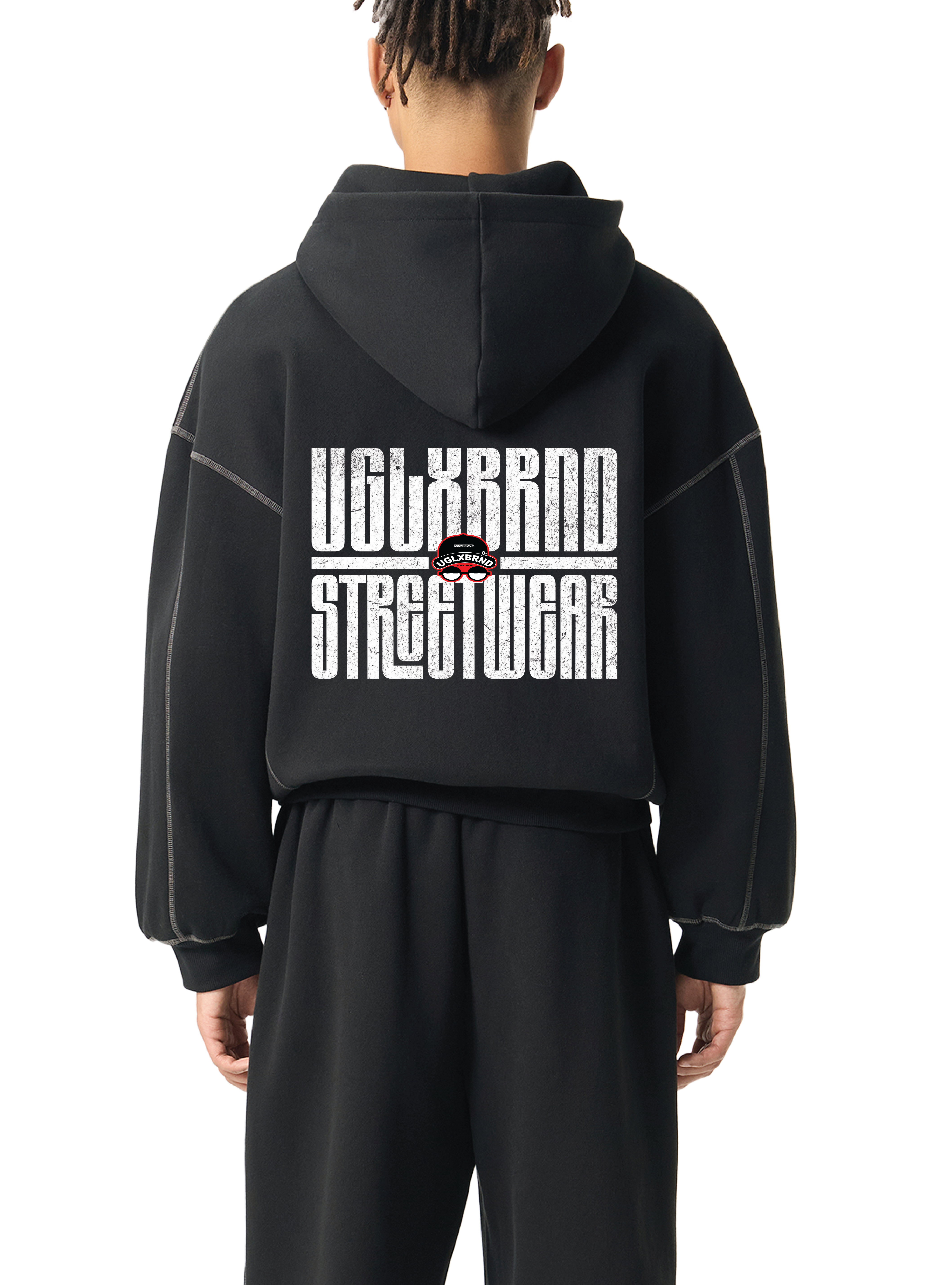 BLACK LUXURY Contrast-Stitched Boxy Fleece Hoodie