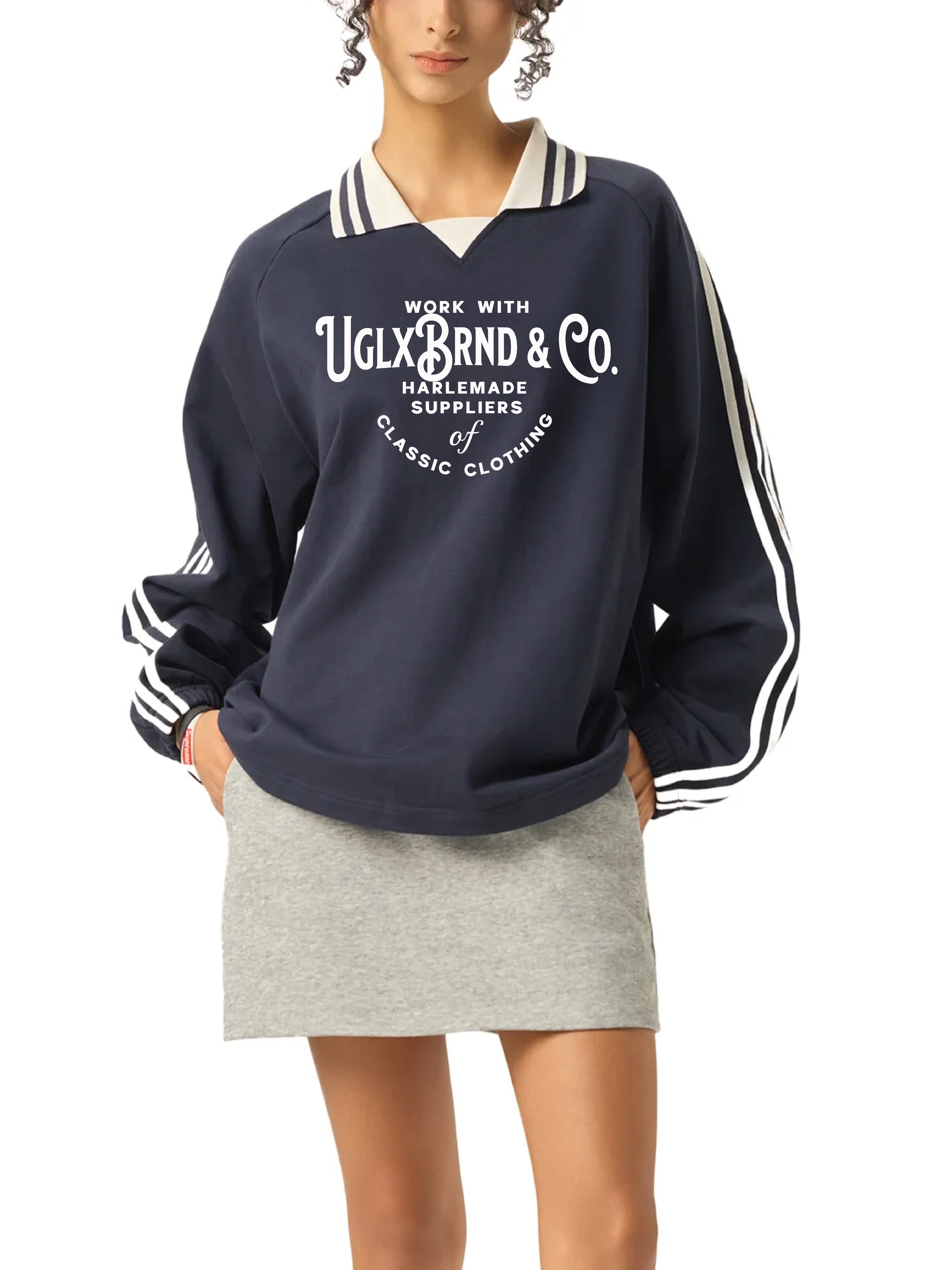 UGLXBRND&CO. Contrast Striped Lapel Collar Sweatshirt