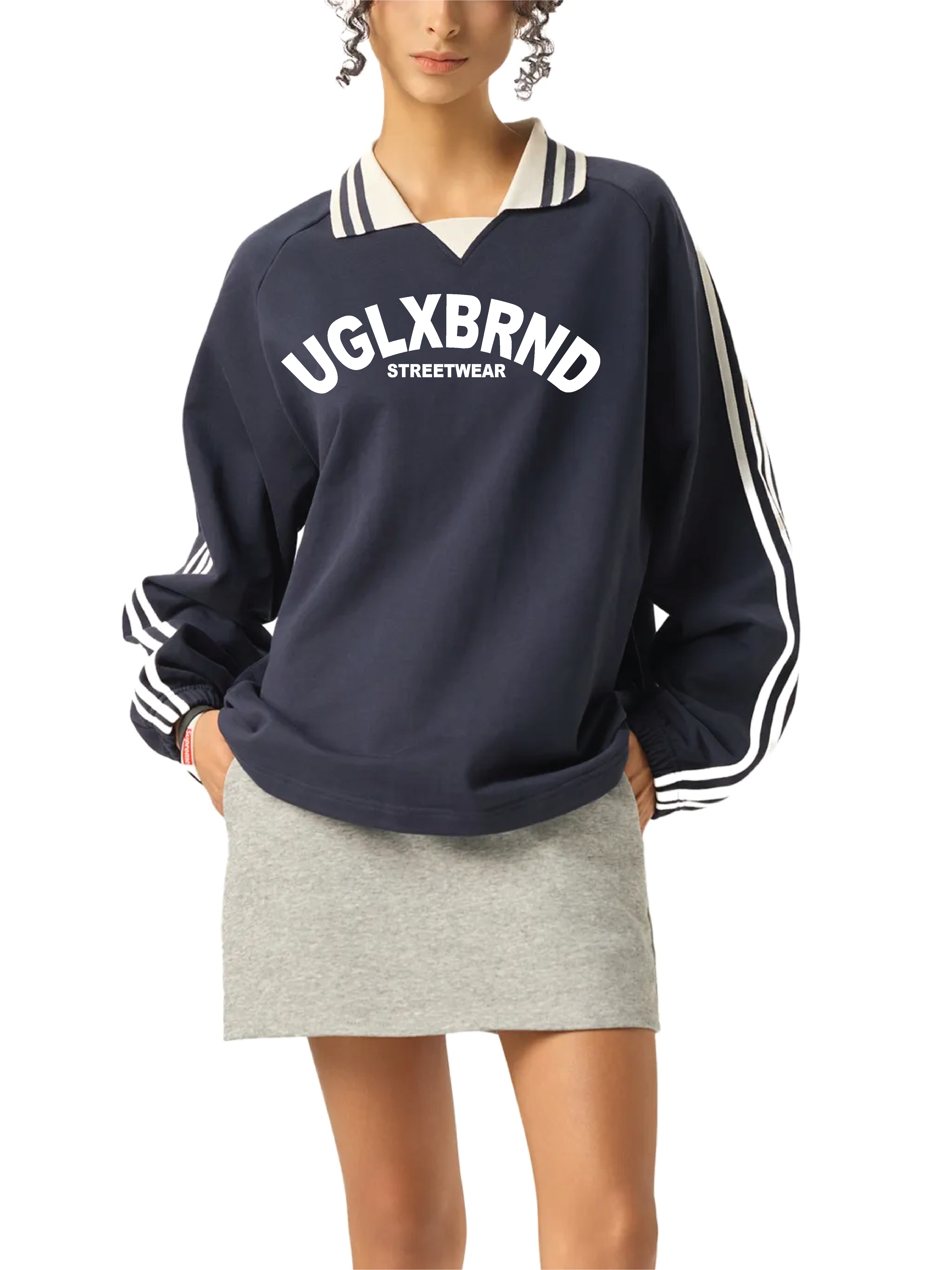 UGLXBRND Contrast Striped Lapel Collar Sweatshirt