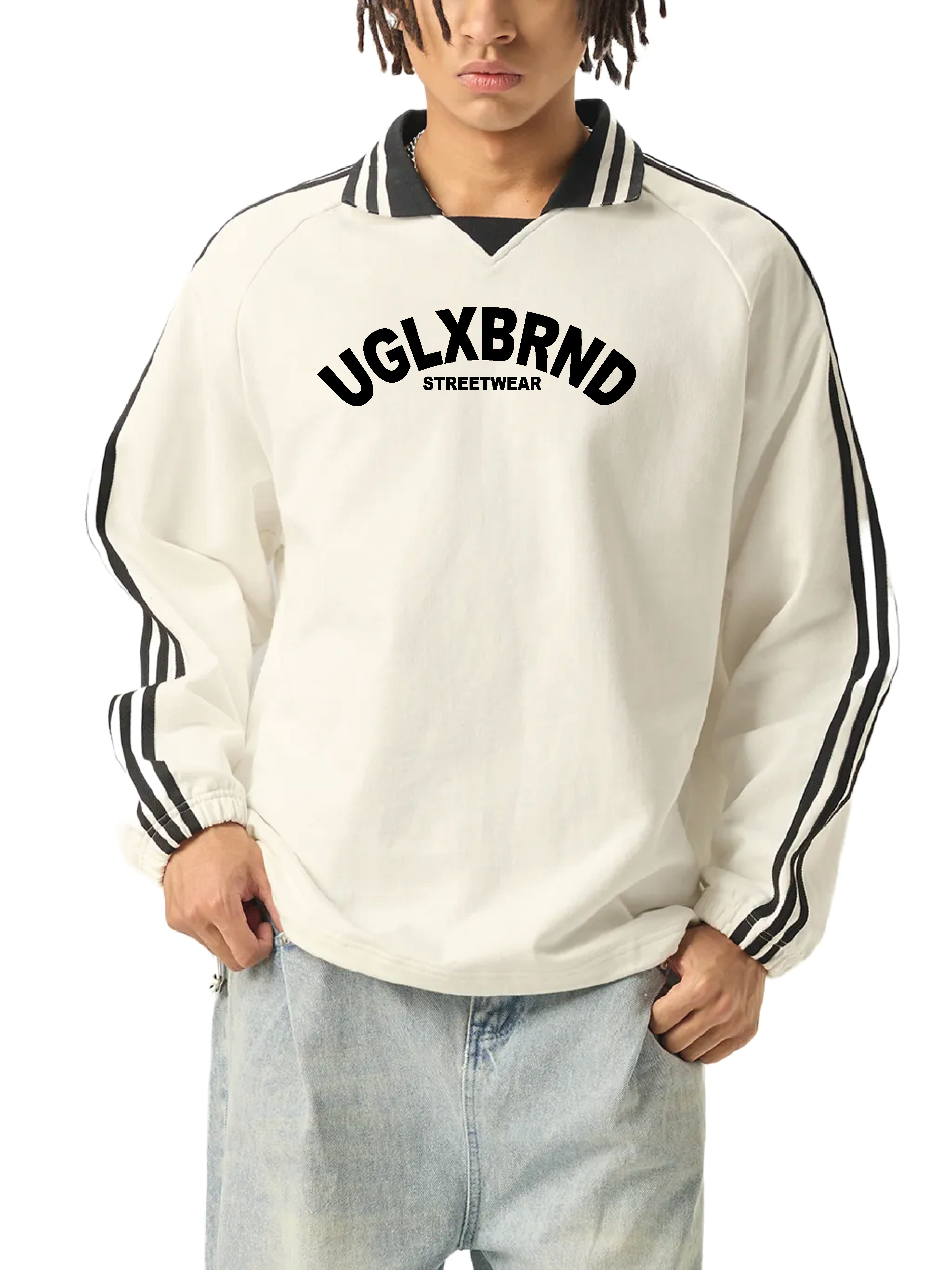 UGLXBRND Contrast Striped Lapel Collar Sweatshirt