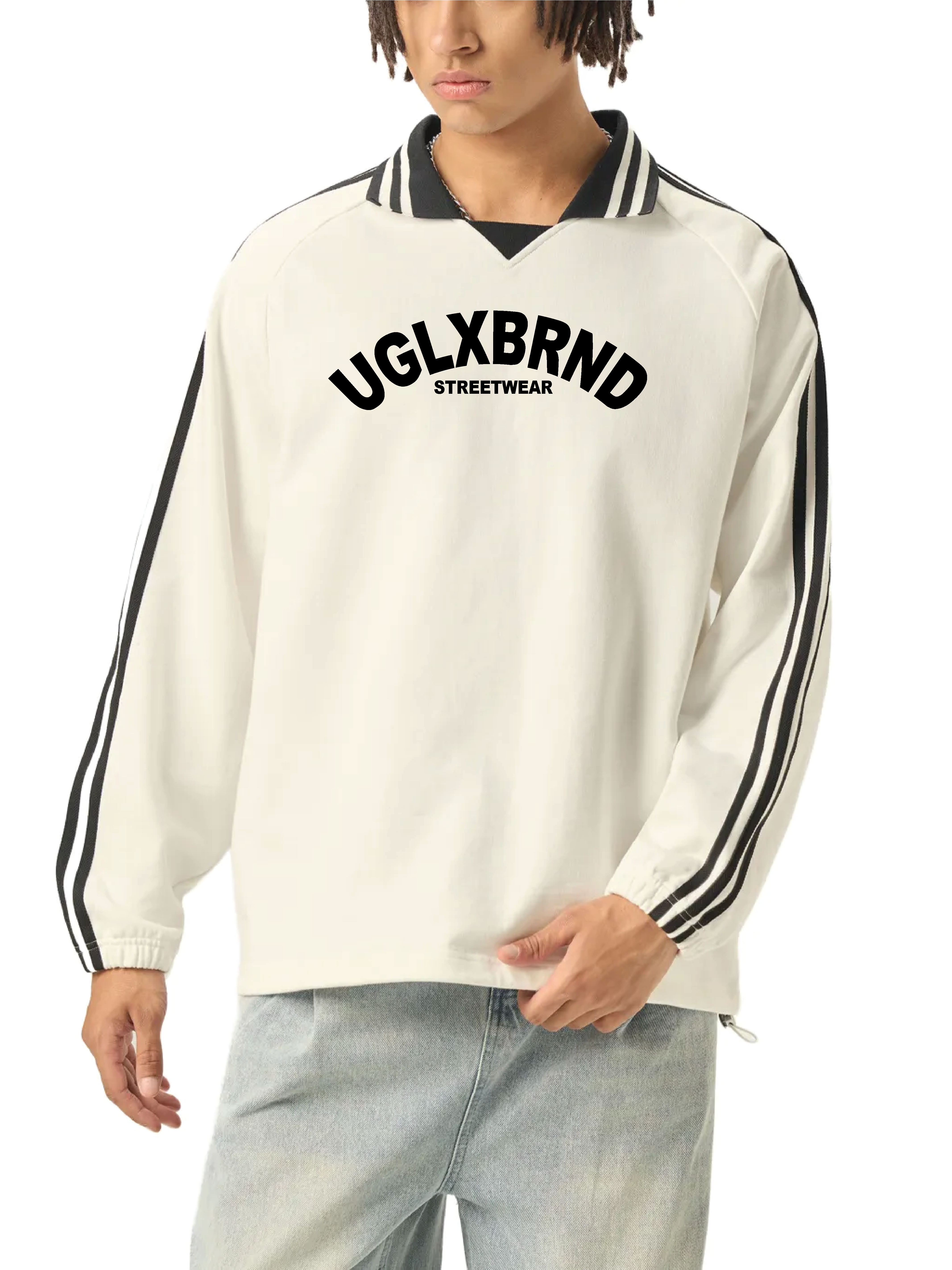 UGLXBRND Contrast Striped Lapel Collar Sweatshirt