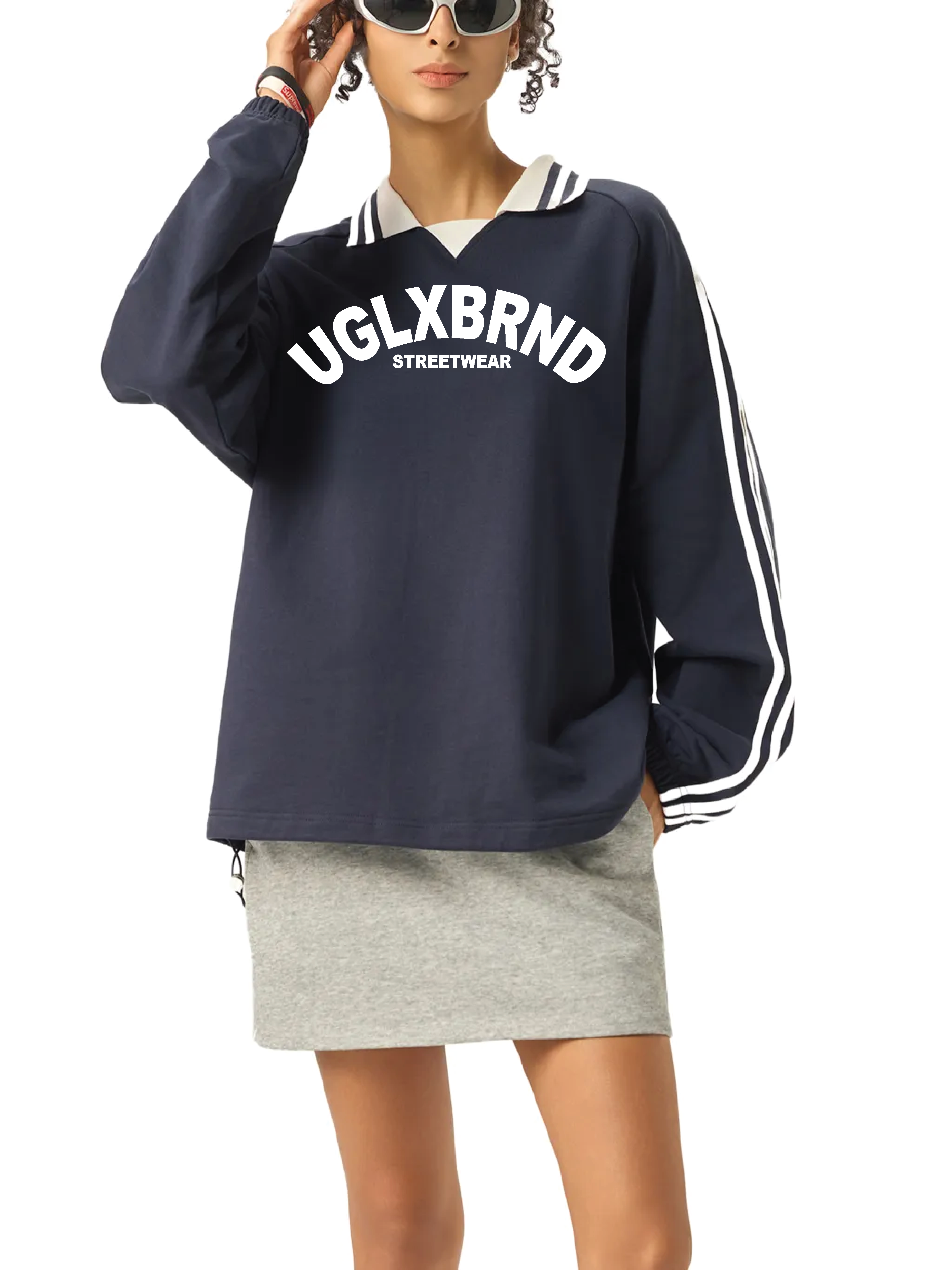 UGLXBRND Contrast Striped Lapel Collar Sweatshirt